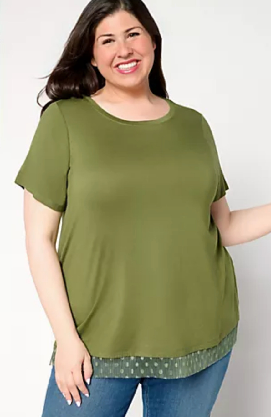 Lori Goldstein T-Shirt 2X Logo Layers Short Sleeve Tee Mesh Hem Green A692530